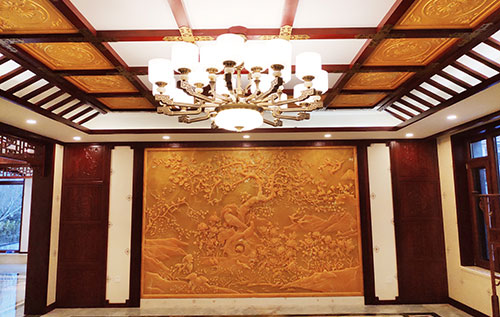 陇南中式别墅客厅中式木作横梁吊顶装饰展示