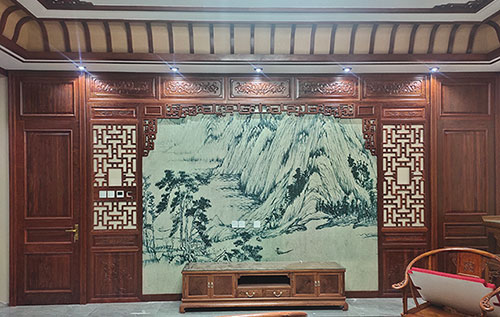 陇南中式仿古别墅客厅背景墙花格木作装饰